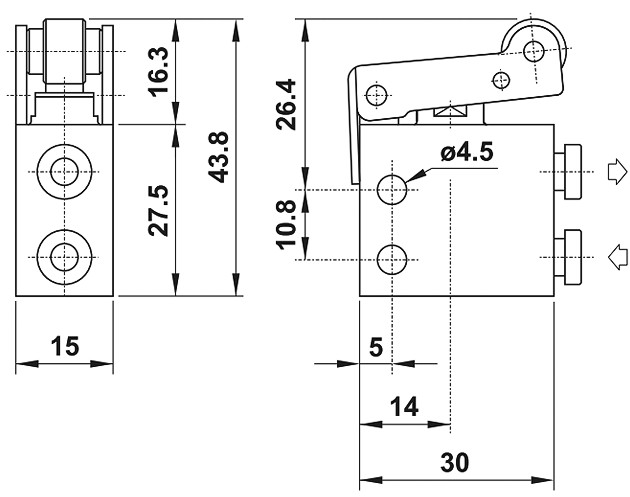 фото Клапан механічний mini 3/2 до трубки fi 4 mm, NC номально закритий, з роликом, приєднання бокове | AZ Pneumatica, MR 304 UL 3