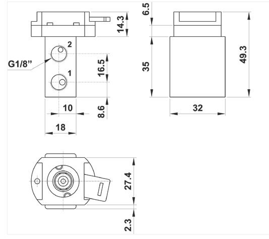 фото Клапан механічний mini 3/2 G 1/8 NC номально закритий, панельного монтажу | AZ Pneumatica, 08.341.4 3