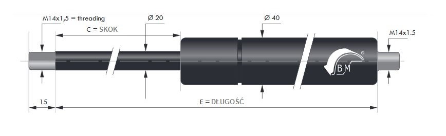 фото Газовая пружина толкающая 20/40 с резьбой M14 3000N, ход 300 мм, длина 716 мм | Pneumat, ST 300 3000N V D20 2