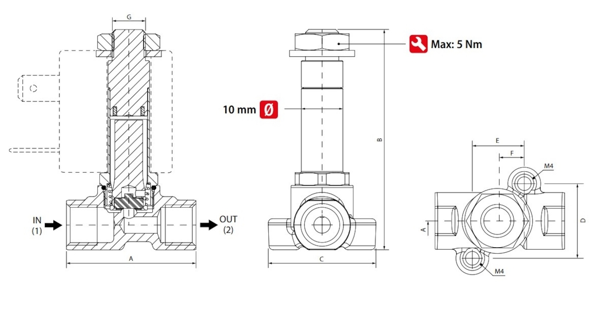 фото Клапан електромагнітний мембранний 2/2 NC, G 1/4, FKM, 0-30 bar, DN3, 220V AC | Aignep, FMM 02F 14-D V NC A 4