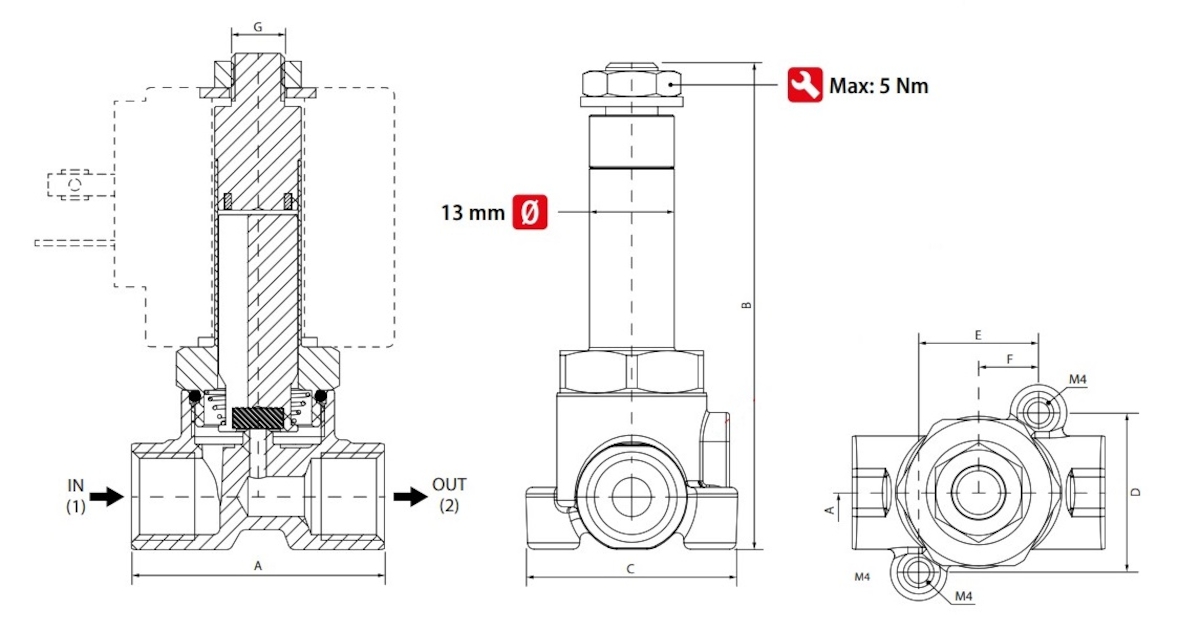 фото Клапан електромагнітний мембранний 2/2 NC, G 1/4, FKM, 0-30 bar, DN3, 220V AC | Aignep, FMM 02F 14-D V NC A 3