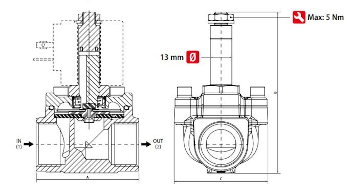 фото Клапан електромагнітний мембранний 2/2 NC, G 1/2, FKM, NC, 0-25 бар, DN14, 230V AC, нержавіюча сталь | Aignep, FMM X3F 12 V NC A 5