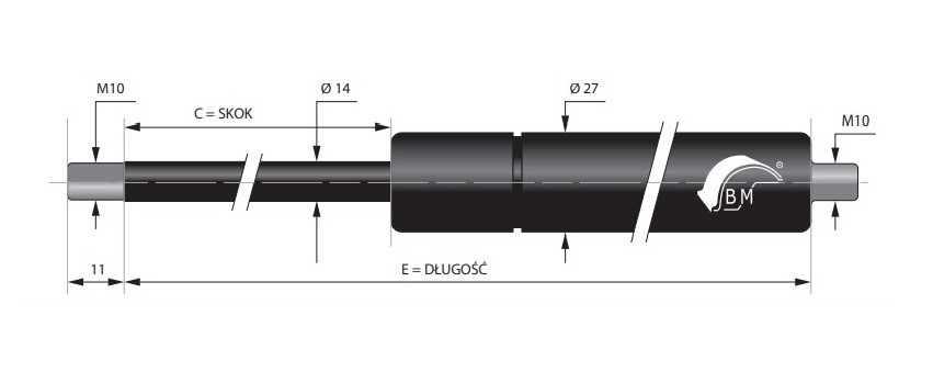 фото Газова пружина 14/28 M10 1000N,хід 900 мм, довжина 1855 мм клапан | Pneumat, ST 900 1000N V D14VA 2